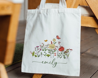 Custom Name Canvas Tote Bag, Personalized Tote Bag, Mothers Day Gift for Mom, Wedding Gift, Bridesmaid Gifts, Floral Book Bag