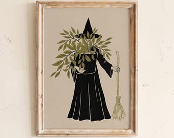 Impressão artística de bruxa e planta, decoração estilo bruxa para apaixonada por plantas, arte de parede imprimível de Halloween, pôster melancólico de outono para amantes de plantas