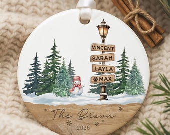 Personalized Family Ornament, Custom Name Xmas Bauble, Winter Scene Family with Pet Christmas Tree Decor Gift, Family Memory Keepsake
