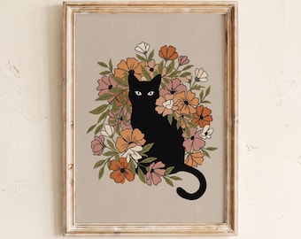 Impressão artística de gato preto com flores, arte floral para parede, presente para amantes de gatos, arte de parede imprimível para o Halloween, pôster para a temporada de outono, decoração rústica para casa