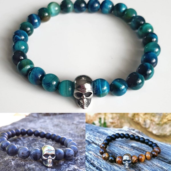 Bracelet lithothérapie SKULL œil de tigre marron œil de tigre bleu labradorite tête de mort skull acier inoxydable