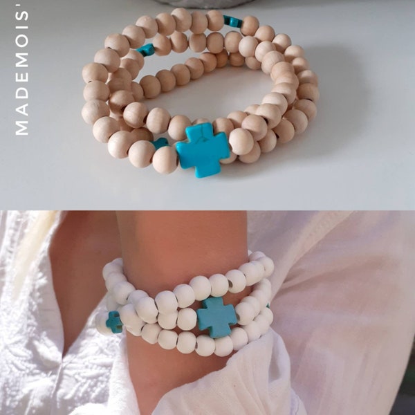 Bracelet bohème boho Santorin bois et croix turquoise manchette