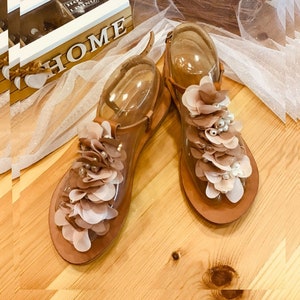 Handmade to order/ wedding party sandals/flat leather sandals/ bridal shoes/beige lace sandals/embellished sandals/ KLEORA