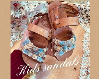 Kids leather sandals.Handmade unique flat leather sandals for wedding, party, baptism and gift