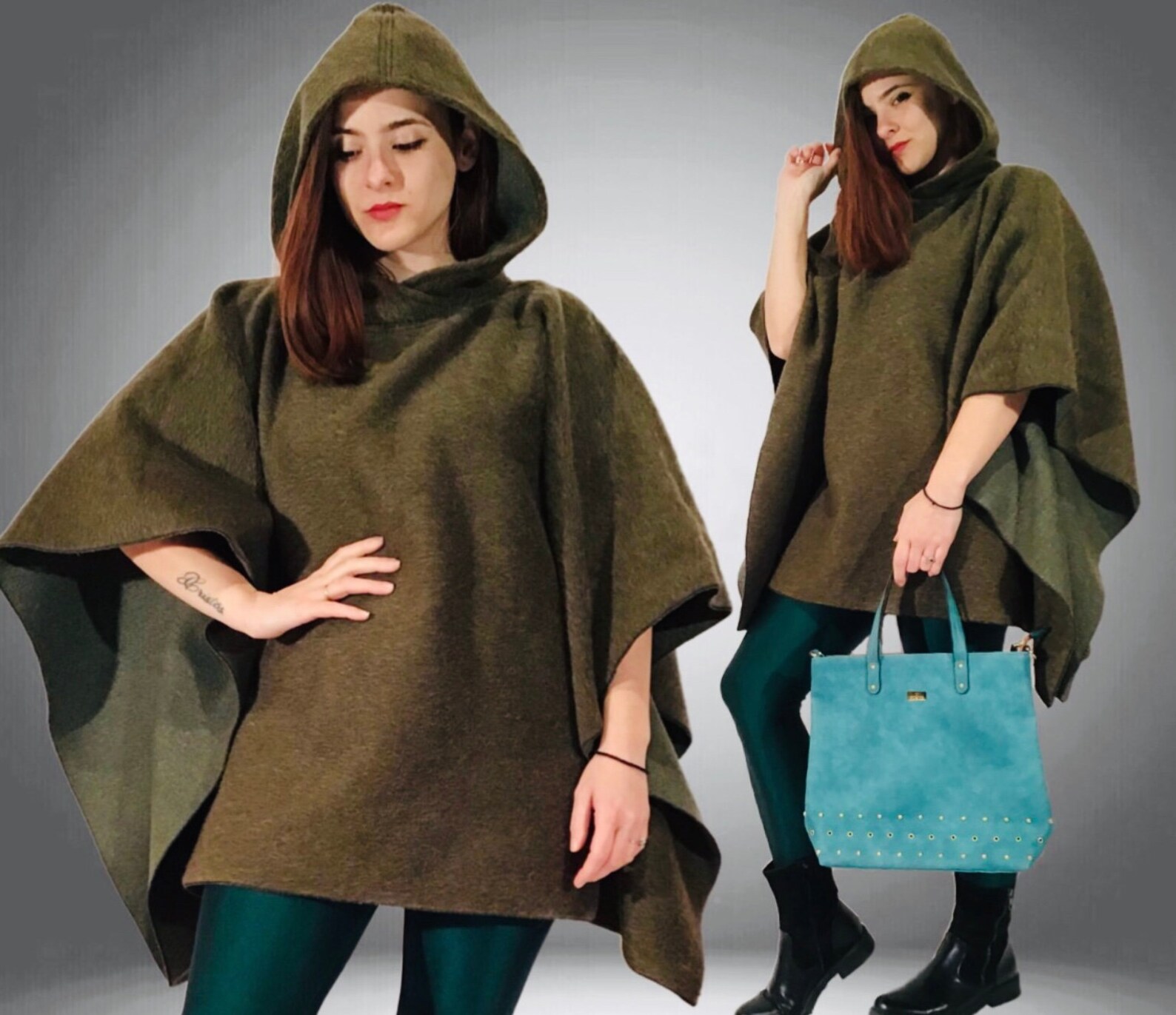 Green Wool Woman Poncho With Hood.unique Hippie Poncho. Warm