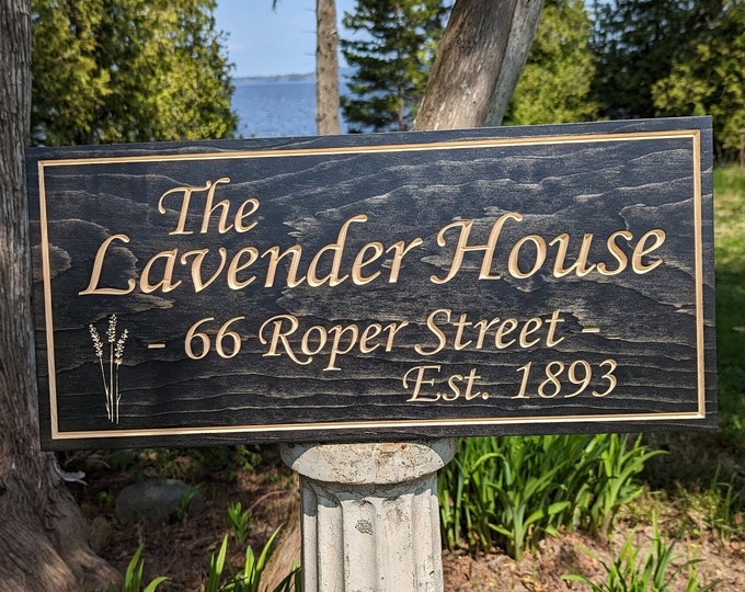 Personalized  carved outdoor sign with lavender flowers , perfect for Home, Ranch, Cabin, Cottage, Street, Garden, Patio or Business