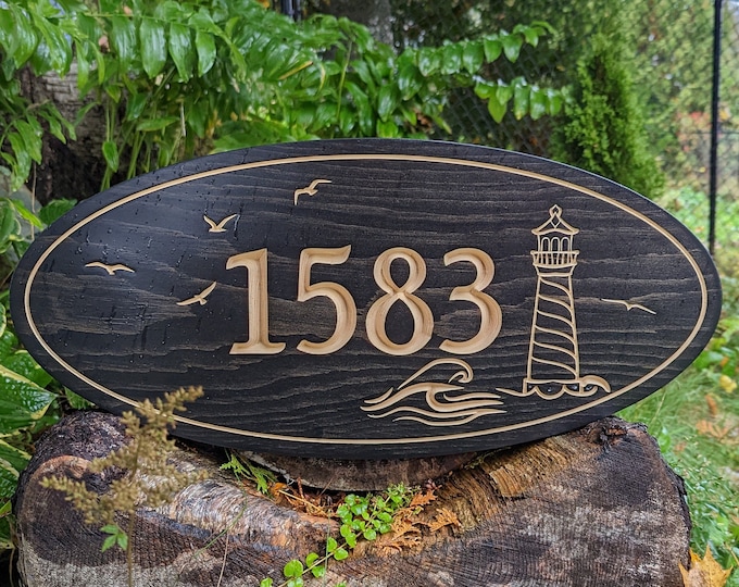 Family Name Sign - Lighthouse with Gulls - Ocean