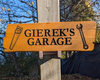 Custom Carved Wood Garage Sign – Personalized Workshop Decor