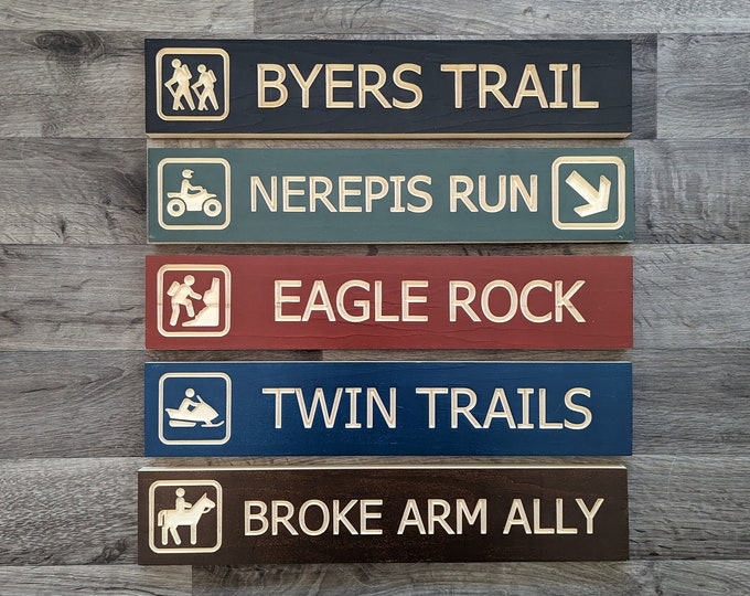 Personalized carved trail signs or ski signs, perfect for Home, Ranch, Cabin, Cottage, Street, Garden, Patio or Business