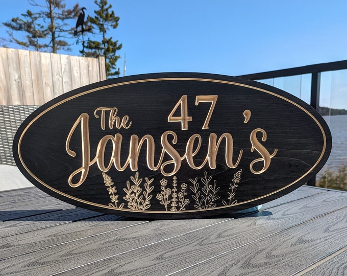 Engraved Wood Address Sign - Floral Flower Wildflower Design