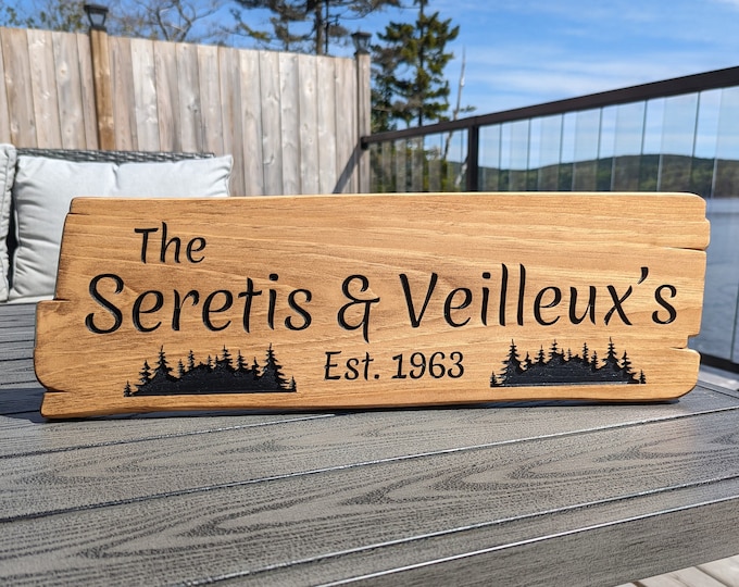 Personalized rustic carved outdoor sign with trees and forest , perfect for Home, Ranch, Cabin, Cottage, Street, Garden, Patio or Business
