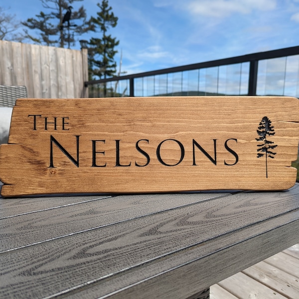 Personalized rustic carved outdoor sign with trees , perfect for Home, Ranch, Cabin, Cottage, Street, Garden, Patio or Business