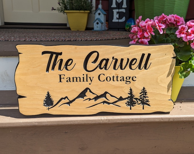 Personalized rustic carved outdoor sign with trees and mountain, perfect for Home, Ranch, Cabin, Cottage, Street, Garden, Patio or Business