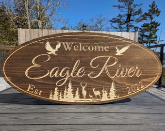 Engraved Wood Address Sign - Eagles and Deer