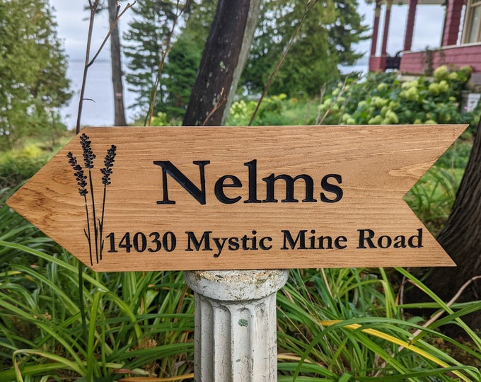 Personalized rustic carved outdoor arrow sign with lavender , perfect for Home, Ranch, Cabin, Cottage, Street, Garden, Patio or Business