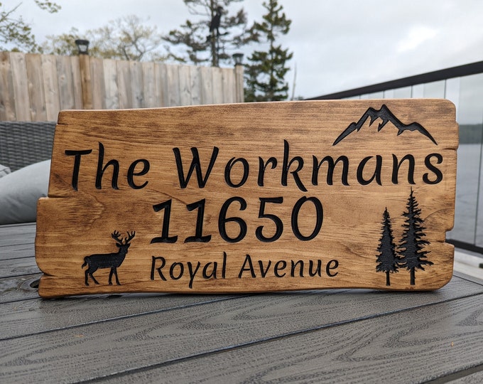 Personalized rustic carved outdoor sign with mountain trees deer , perfect for Home, Ranch, Cabin, Cottage, Street, Garden, Patio, Business