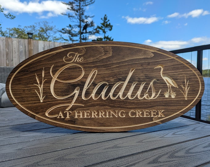 Wood Blue Heron Family Name Sign for Homes or Cottages