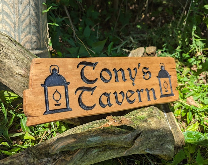 Customizable Wooden Engraved Tavern Sign with Lanterns, Perfect for Cabin, Cottage, Home or Work!