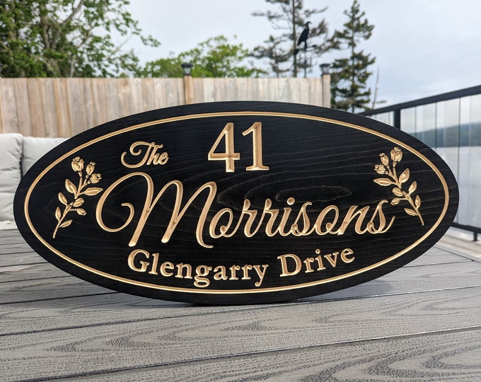 Floral Engraved Wood Address Sign