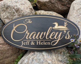 Lake with Loon Family Name Sign for Homes or Cottages