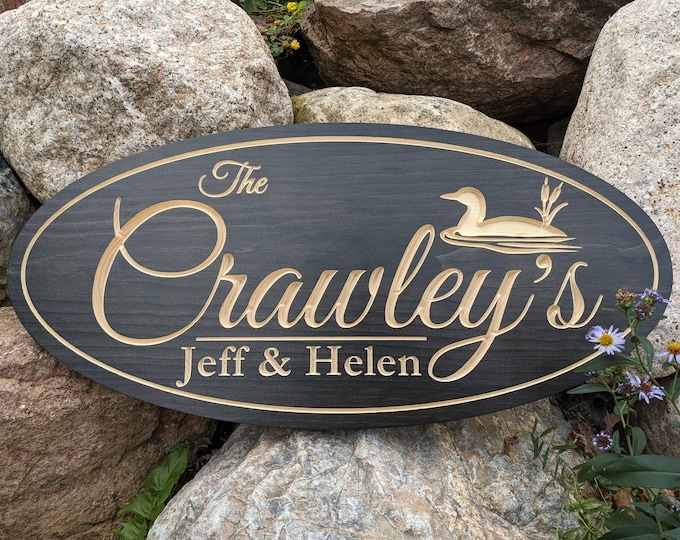 Lake with Loon Family Name Sign for Homes or Cottages