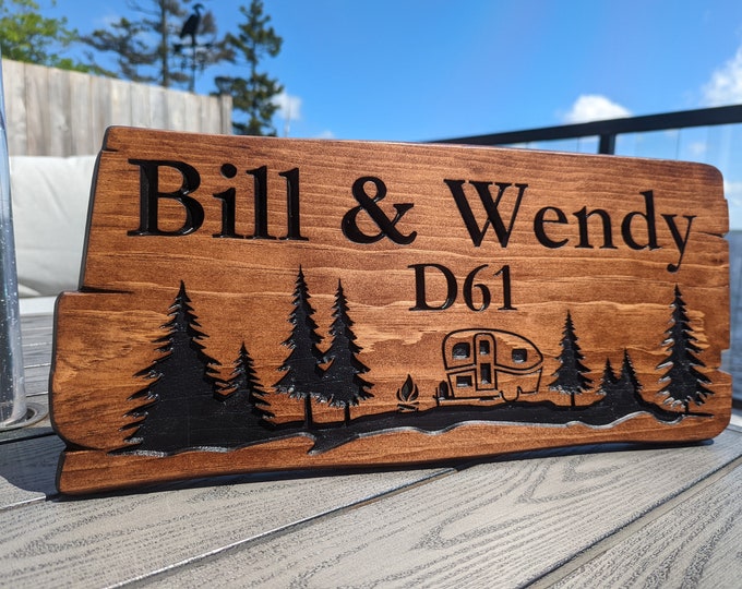 Personalized rustic trailer carved outdoor sign with camper and trees , perfect for Home, Ranch, Cabin, Cottage, Street, Garden, Patio