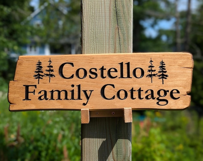 Personalized rustic carved outdoor sign with trees , perfect for Home, Ranch, Cabin, Cottage, Street, Garden, Patio or Business