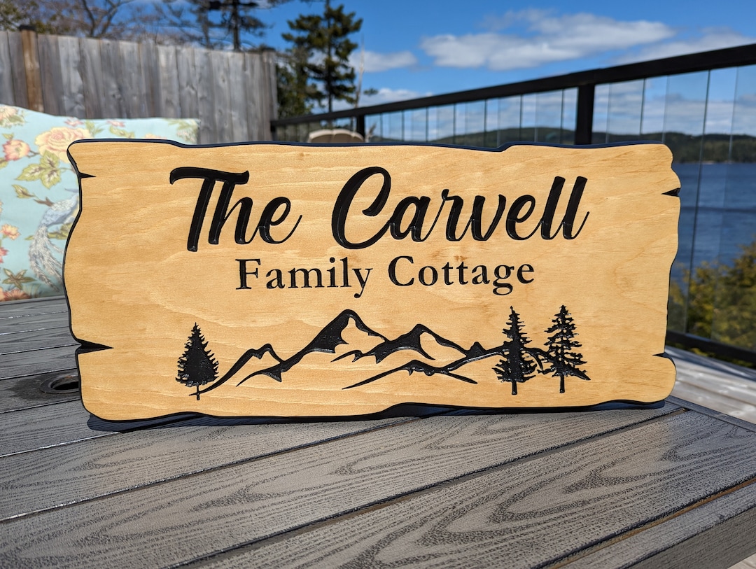 Personalized Rustic Carved Outdoor Sign With Mountains and Trees ...