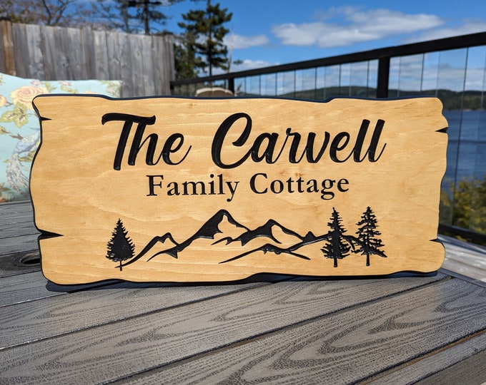 Personalized rustic carved outdoor sign with mountains and trees, perfect for Home, Ranch, Cabin, Cottage, Street, Garden, Patio or Business