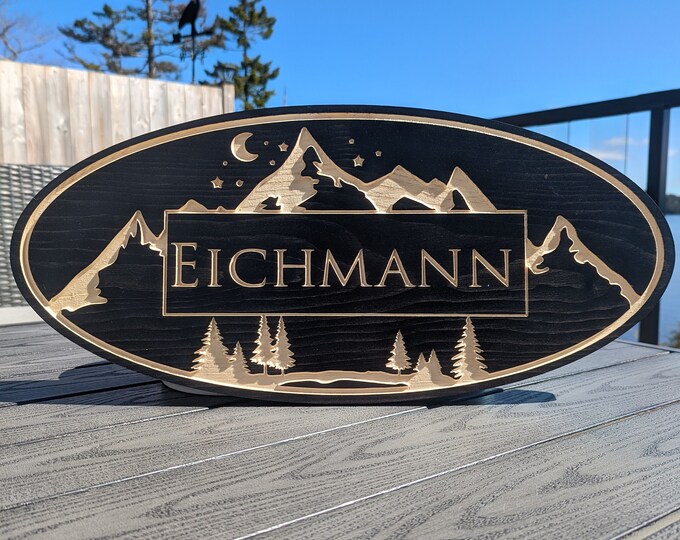 Engraved Wood Adventure Sign - Forrest Mountain Moon & Stars
