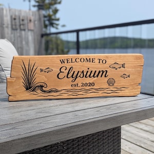 Seaside personalized rustic carved outdoor sign with trees , perfect for Home, Beach, Cabin, Cottage, Street, Garden, Patio or Business