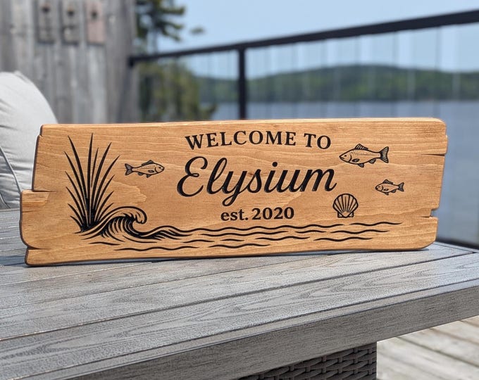 Seaside personalized rustic carved outdoor sign with trees , perfect for Home, Beach, Cabin, Cottage, Street, Garden, Patio or Business