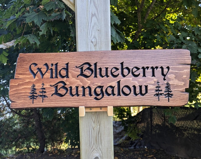 Personalized rustic carved outdoor sign with trees , perfect for Home, Ranch, Cabin, Cottage, Street, Garden, Patio or Business