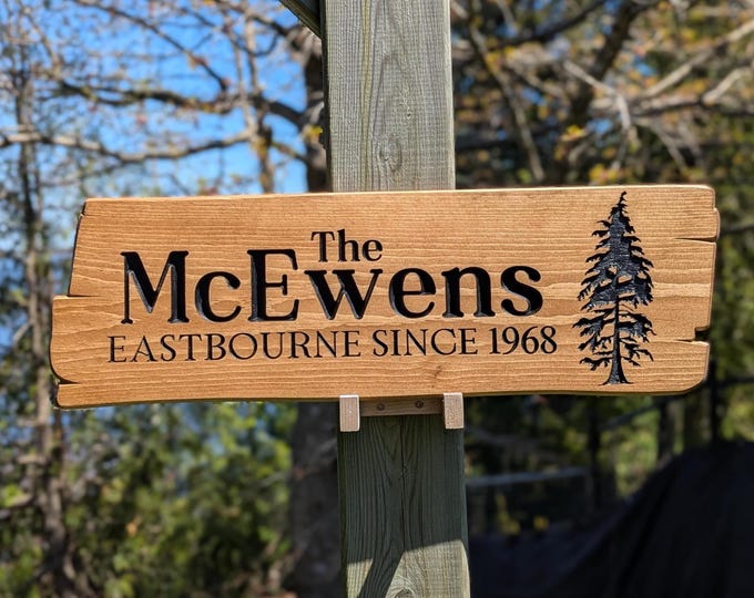 Personalized rustic carved outdoor sign with tree , perfect for Home, Ranch, Cabin, Cottage, Street, Garden, Patio or Business