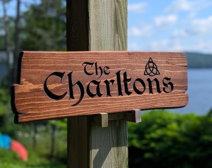 Triquetra Personalized rustic carved outdoor sign with Irish Knot , perfect for Home, Cabin, Cottage, Street, Garden, Patio or Business
