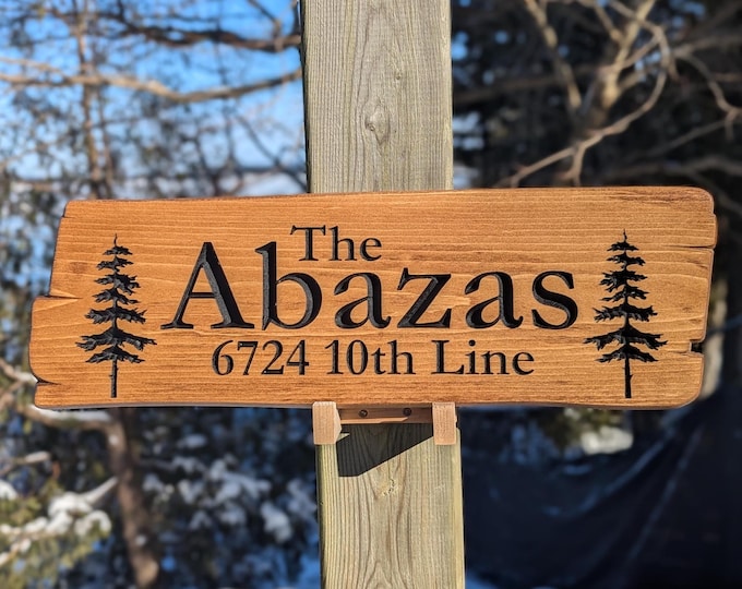 Personalized rustic carved outdoor sign with trees , perfect for Home, Ranch, Cabin, Cottage, Street, Garden, Patio or Business