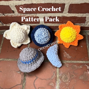 No Sew Space Crochet Pattern Pack| Sun, Moon, Star, Planet, Spaceship Pattern Pack| 5 Crochet Patterns | No Sew