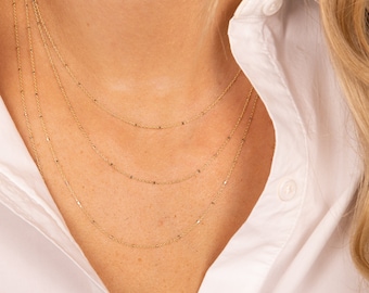 14K Solid Gold Satellite Chain Necklace: Dainty Beaded Station Chain