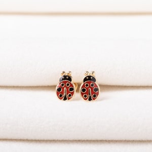 14K Solid Gold Ladybug Bug Earrings Studs