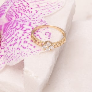 14k Solid Gold CZ Clover Ring - Lucky Four Leaf Ring