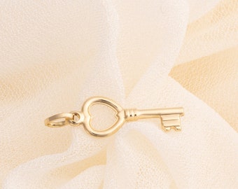 14k Solid Gold Heart Key Pendant Charm