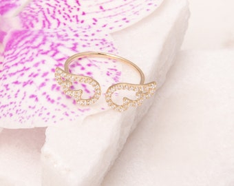 14K Gold Angel Wing Ring: Cubic Zirconia Boho Midi Ring