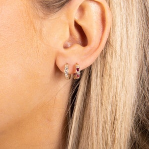 14K Solid Gold Huggie Earrings: Yellow Gold CZ Hoops (10mm)