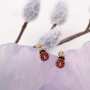 Lady Bug Earrings, Real Gold Earrings, Red Stud Earrings, Gift For Her