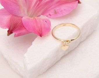14K Solid Yellow Gold Dangle Heart Ring