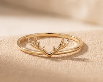 Anello in oro massiccio 14K con corna di cervo, gioiello di cervo
