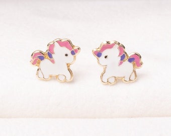 14K Solid Gold Unicorn Kids Earrings