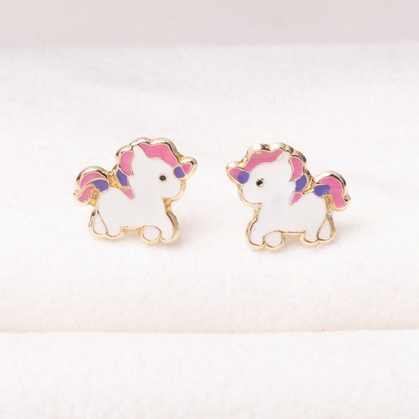 14K Solid Gold Unicorn Kids Earrings