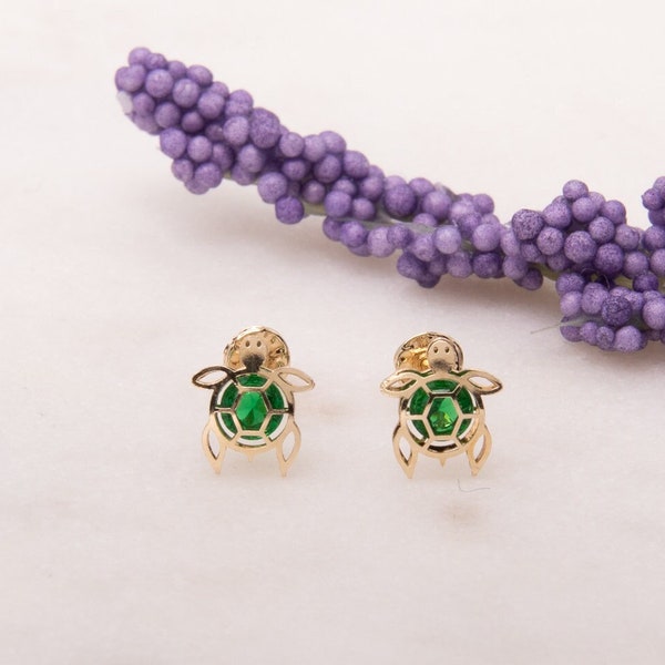 Unique Turtle Gold Earrings, 14K Real Gold Studs, Modern Turtle Earrings, CZ Jewelry, Animal Sea Life Lover Jewelry