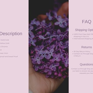 May include: A 14K solid gold ring with a cubic zirconia stone. The ring is available in sizes 6-8 and is waterproof and sweat proof.  FAQ, Shipping Options, Returns, and Questions are listed on the right side of the image.